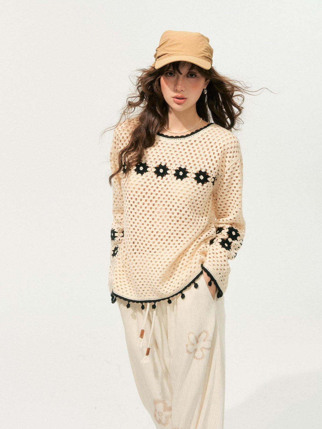 SOMESOWE Soft Acrylic Loose Openwork Knit Pullover Women Casual Round Neck Beige Sweaters