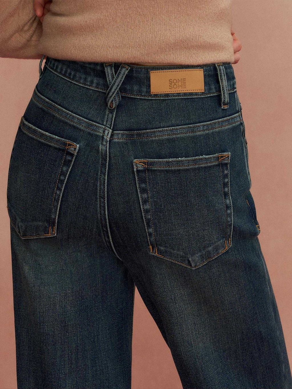 SOMESOWE Pleated High Waist Casual Pockets Slight Flare Stretch Blue Wide Leg Jeans
