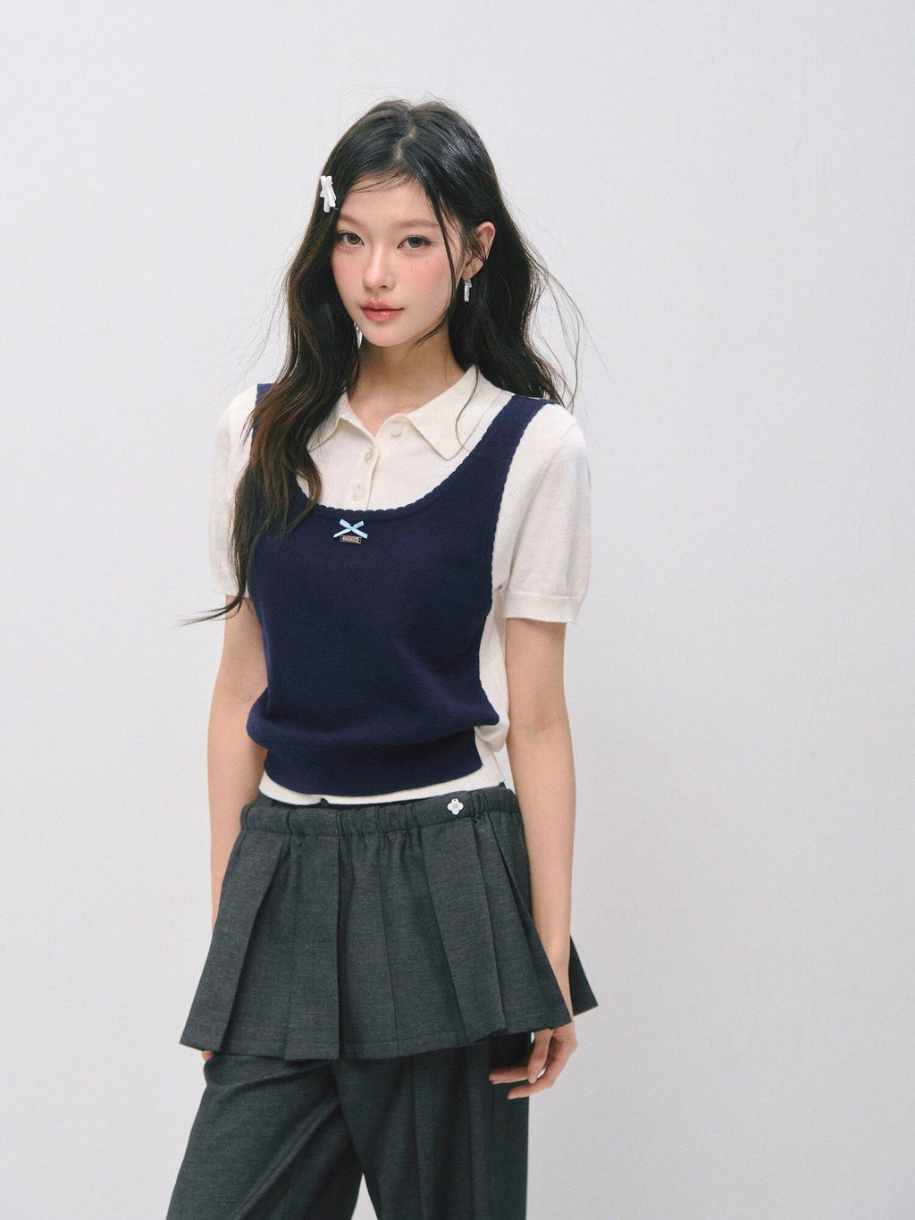 SOMESOWE Polka Dot Two Piece Casual Knit Short Sleeve Pullover Crew Neck Women Sweaters