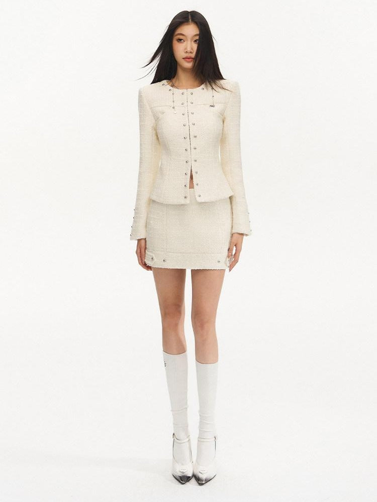 NAWSNOTAWEAR Wool Blend Two Piece Set Long Sleeve Round Neck Women Pearl White Mini Skirts