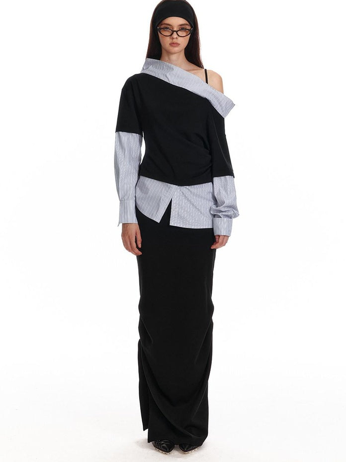 ALINNVSTUDIO Original Loose Slant Collar Cotton Stretch Pullover Women Long Sleeve T-Shirts