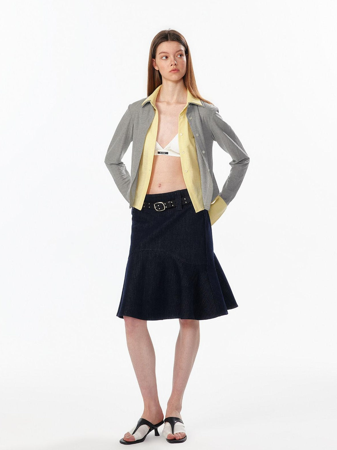 ALINNVSTUDIO Colorblock Faux Layered Slim Waist Cropped Cardigan Longsleeve Womens Shirts