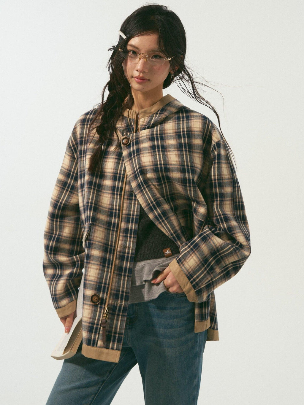 SOMESOWE Versatile Hooded Mid Length Loose Fit Women Plaid Polyester Jackets