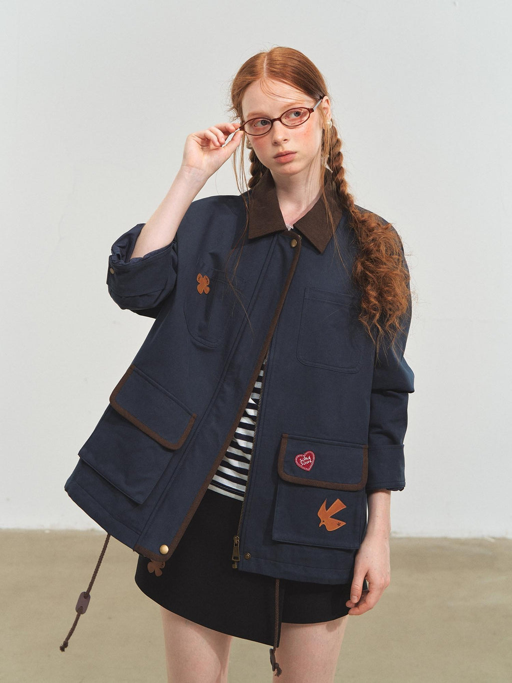 SOMESOWE Everyday Casual Loose Fit Flap Pocket Zip Front Women Khaki Navy Bomber Jackets