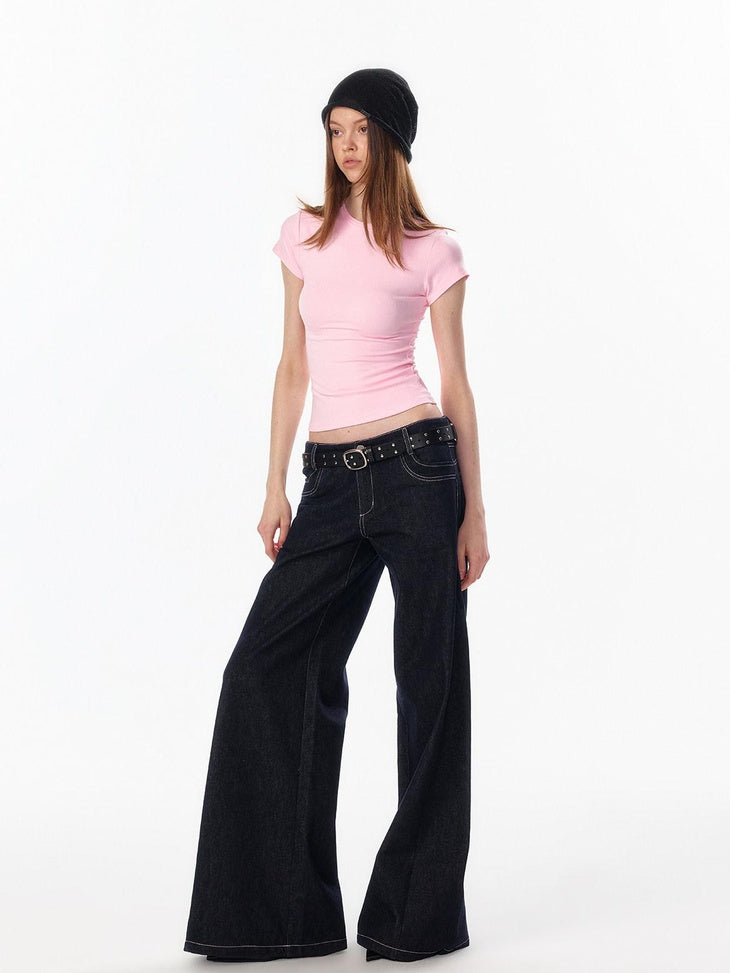 ALINNVSTUDIO Light Cleanfit Slim Crew Neck Short Sleeve Womens Cropped Tee Basic Crop Tops