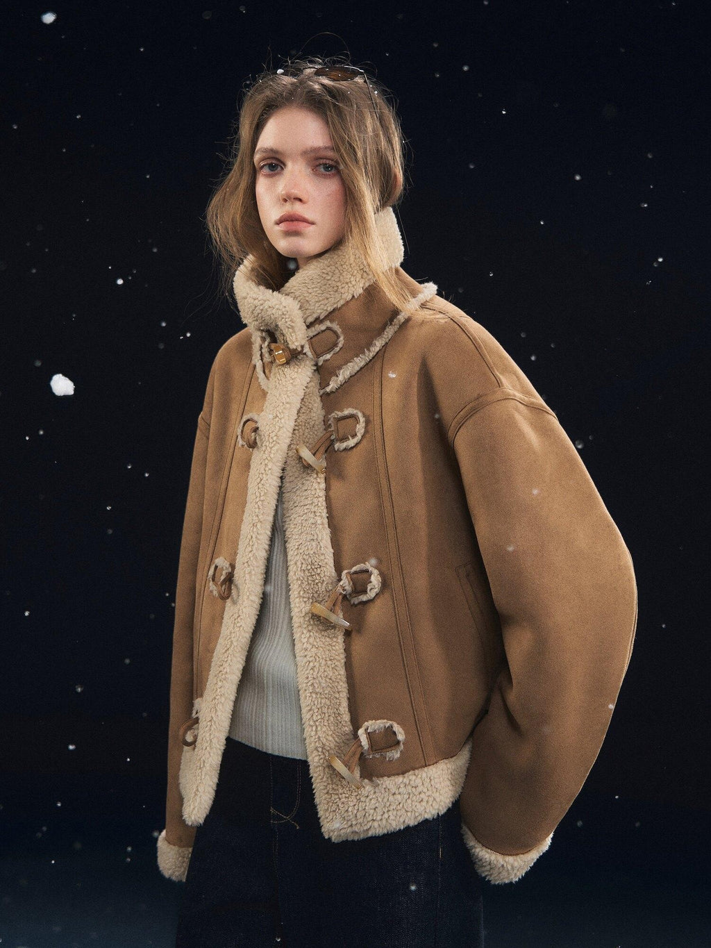 SOMESOWE Cozy Faux Sherpa Geometric Oversized Stand Collar Womens Brown Zipper Short Coat