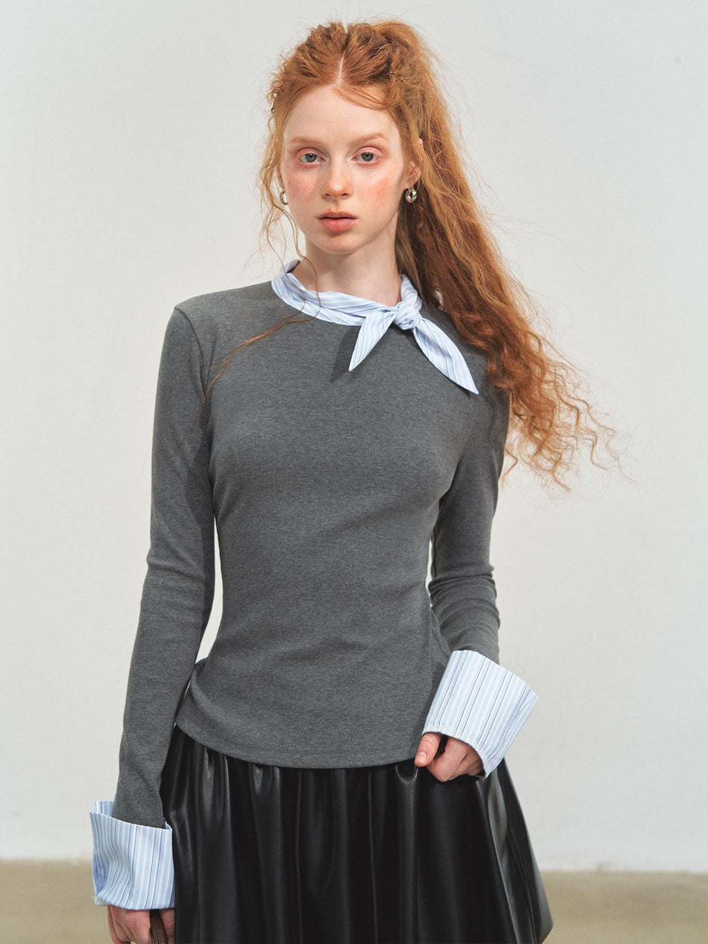 SOMESOWE Viscose Cotton Blend Loose Commuter Crewneck Patchwork Gray Long Sleeve T-Shirts