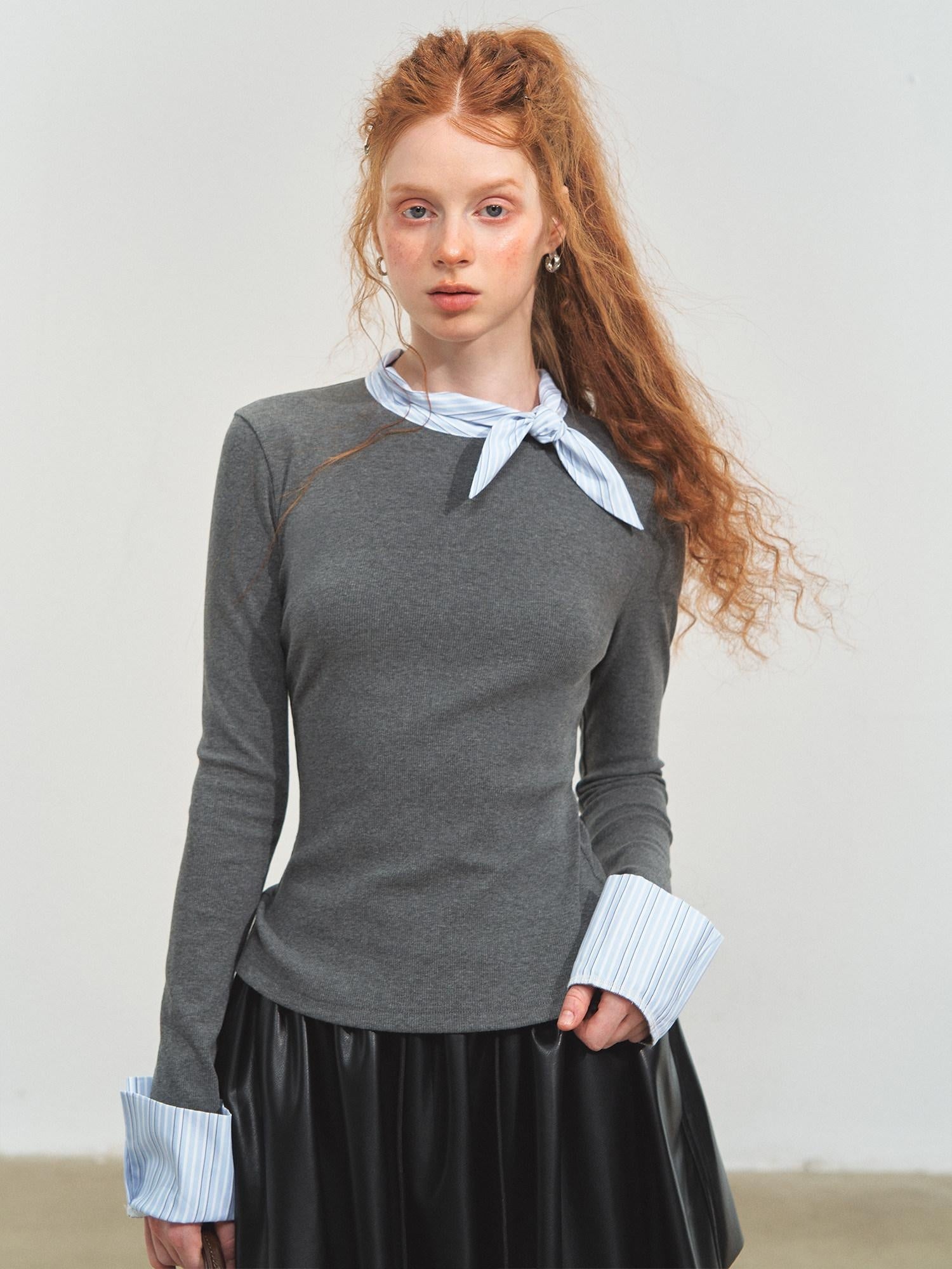 SOMESOWE Viscose Cotton Blend Loose Commuter Crewneck Patchwork Gray Long Sleeve T-Shirts