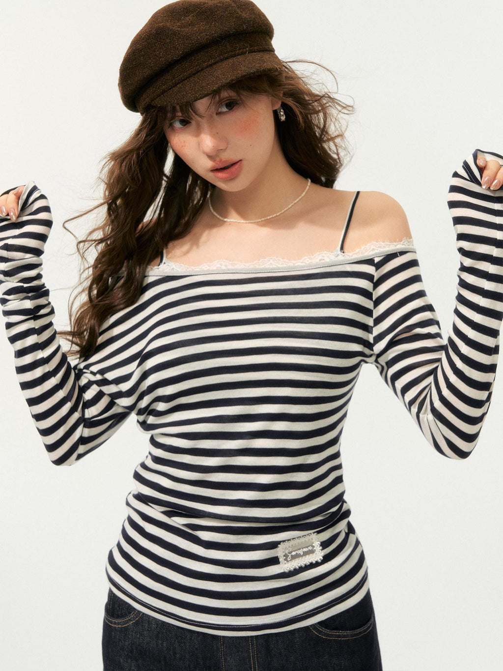 SOMESOWE Lyocell Blend Oversized Commuter Creative Navy Striped Women Long Sleeve T-Shirts