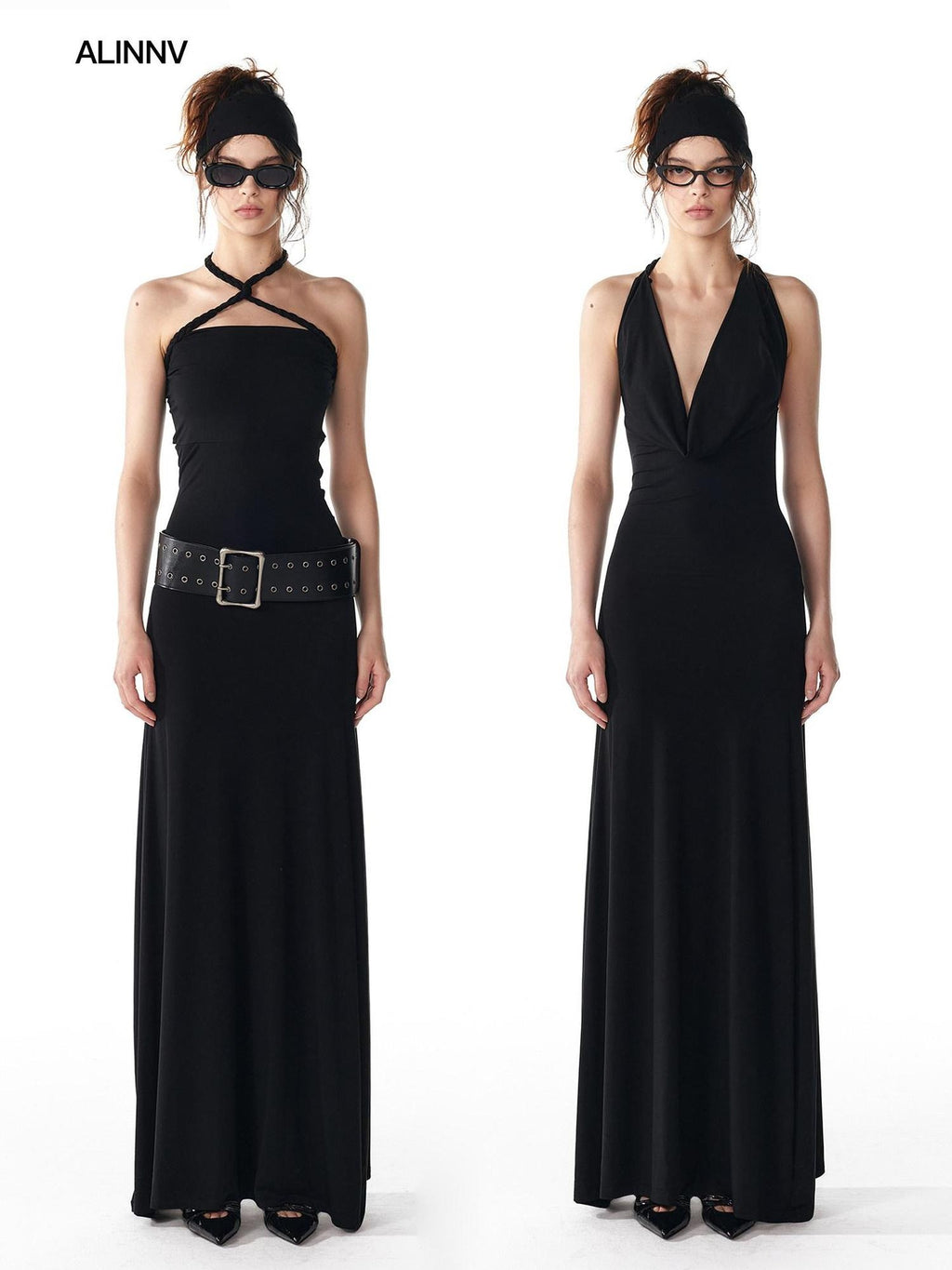 ALINNVSTUDIO Elegant Halter Neck Cinched Waist Modal Sleeveless Solid Black Grey Maxi Dresses
