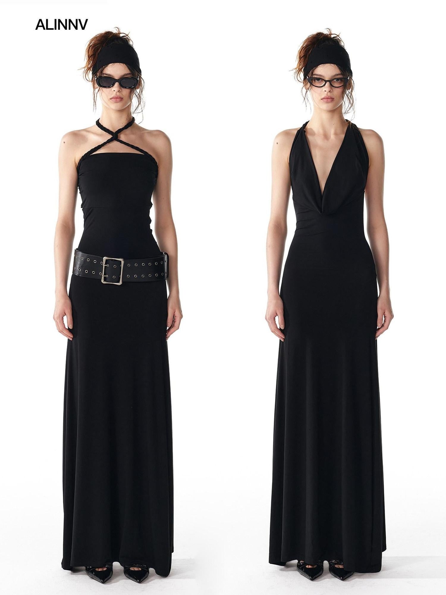 ALINNVSTUDIO Elegant Halter Neck Cinched Waist Modal Sleeveless Solid Black Grey Maxi Dresses