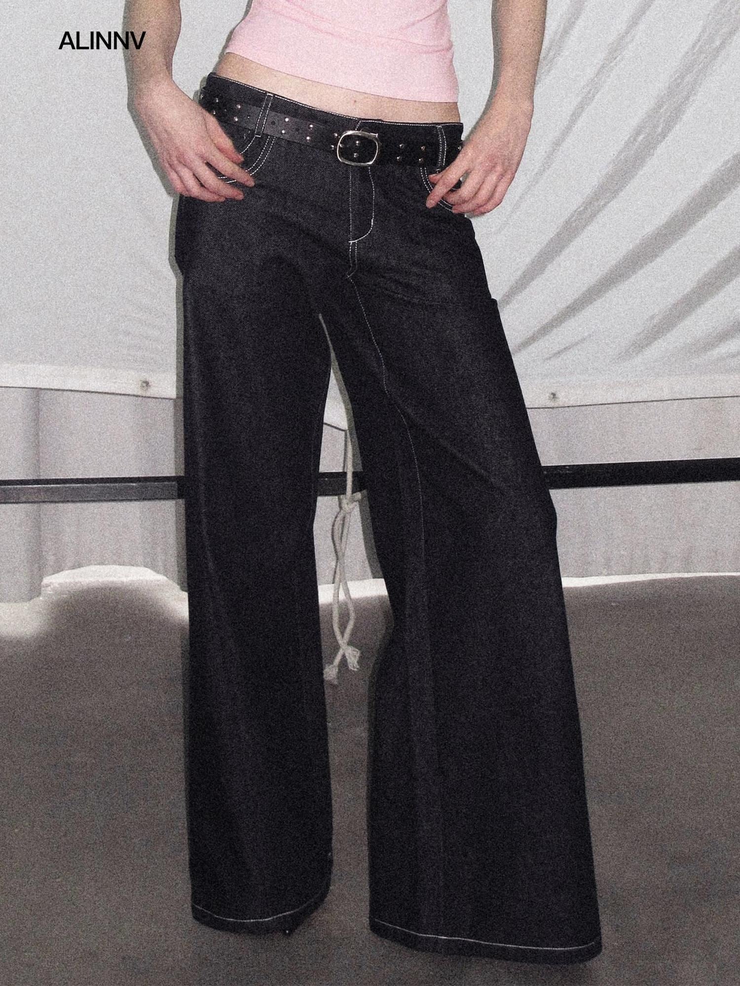 ALINNVSTUDIO Soft Cotton Low Rise Button Fly Loose Fit Women Classic Straight Leg Jeans