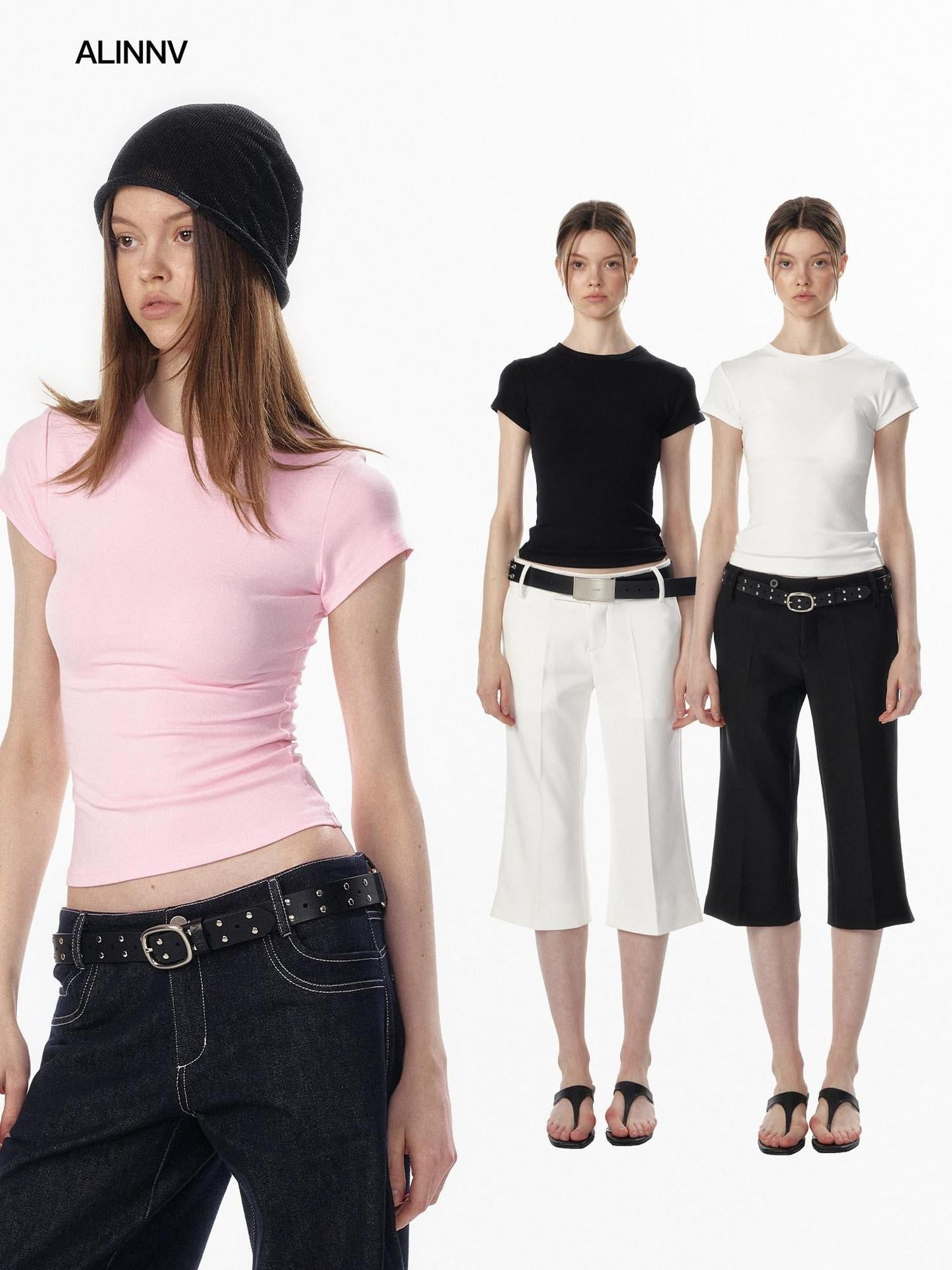 ALINNVSTUDIO Light Cleanfit Slim Crew Neck Short Sleeve Womens Cropped Tee Basic Crop Tops