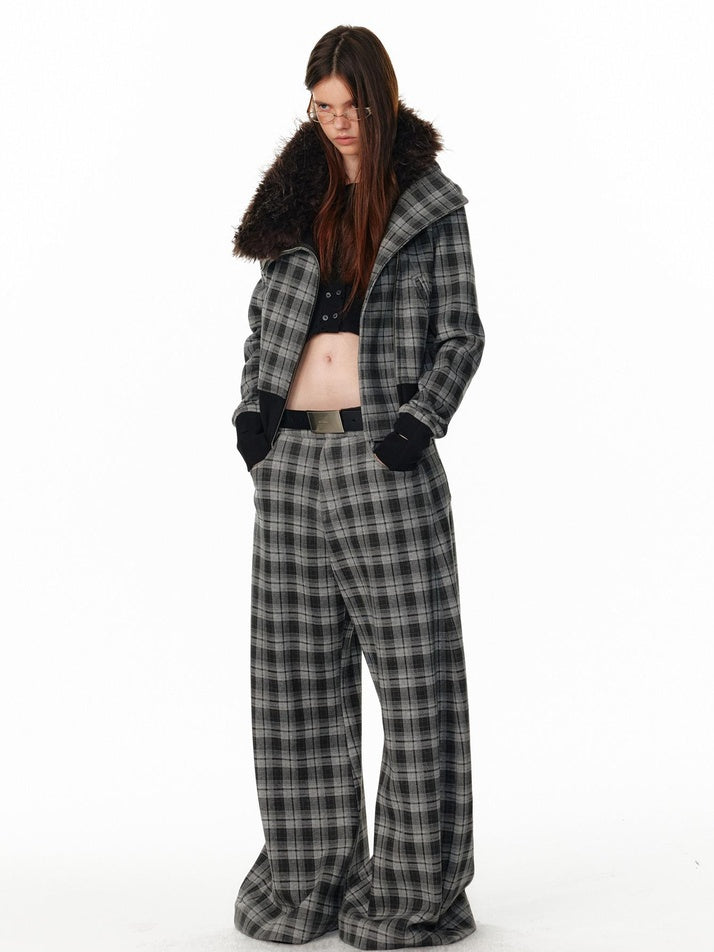 ALINNVSTUDIO Plaid Low Rise Loose American Style Zipper Front Women Wide Leg Pants