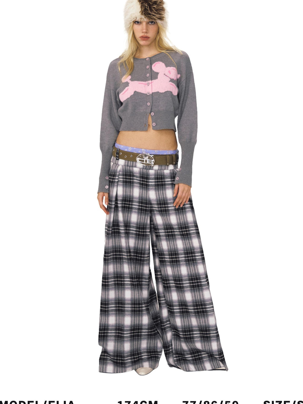 Double Waist Zipper Natural Waist Relaxed Plaid Polyester Stretch Wide Leg Pants