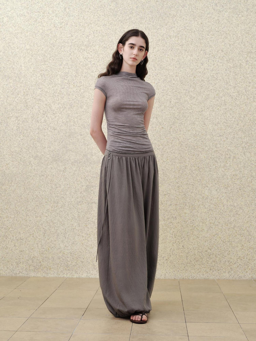 someonesometimes Soft Modal Loose Lantern Natural Waist Button Smoky Grey Wide Leg Pants