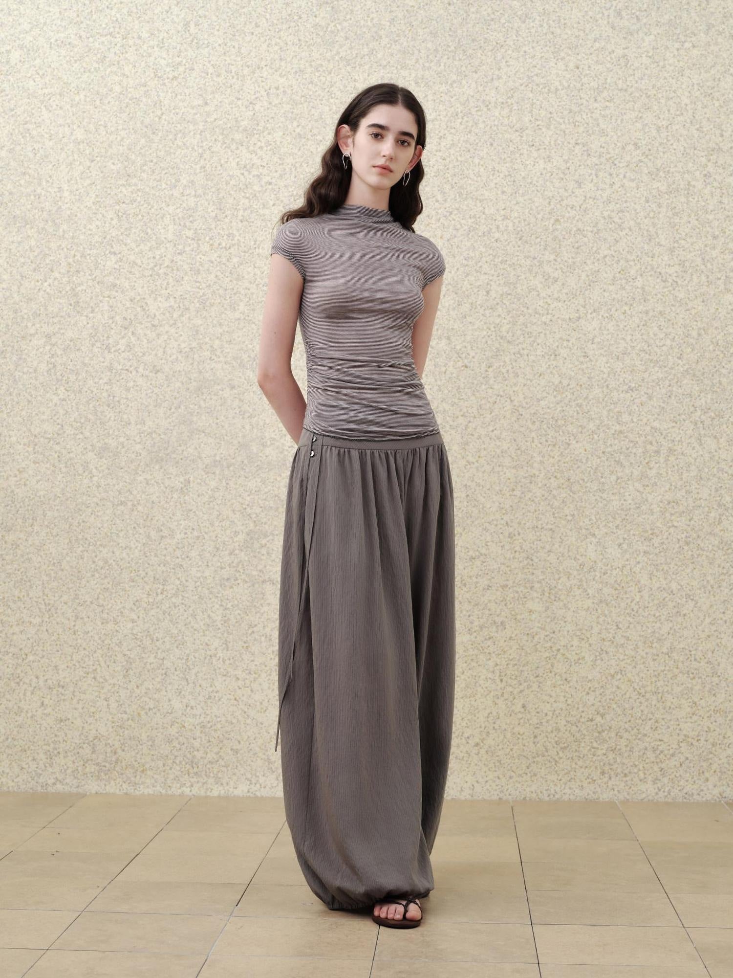 someonesometimes Soft Modal Loose Lantern Natural Waist Button Smoky Grey Wide Leg Pants