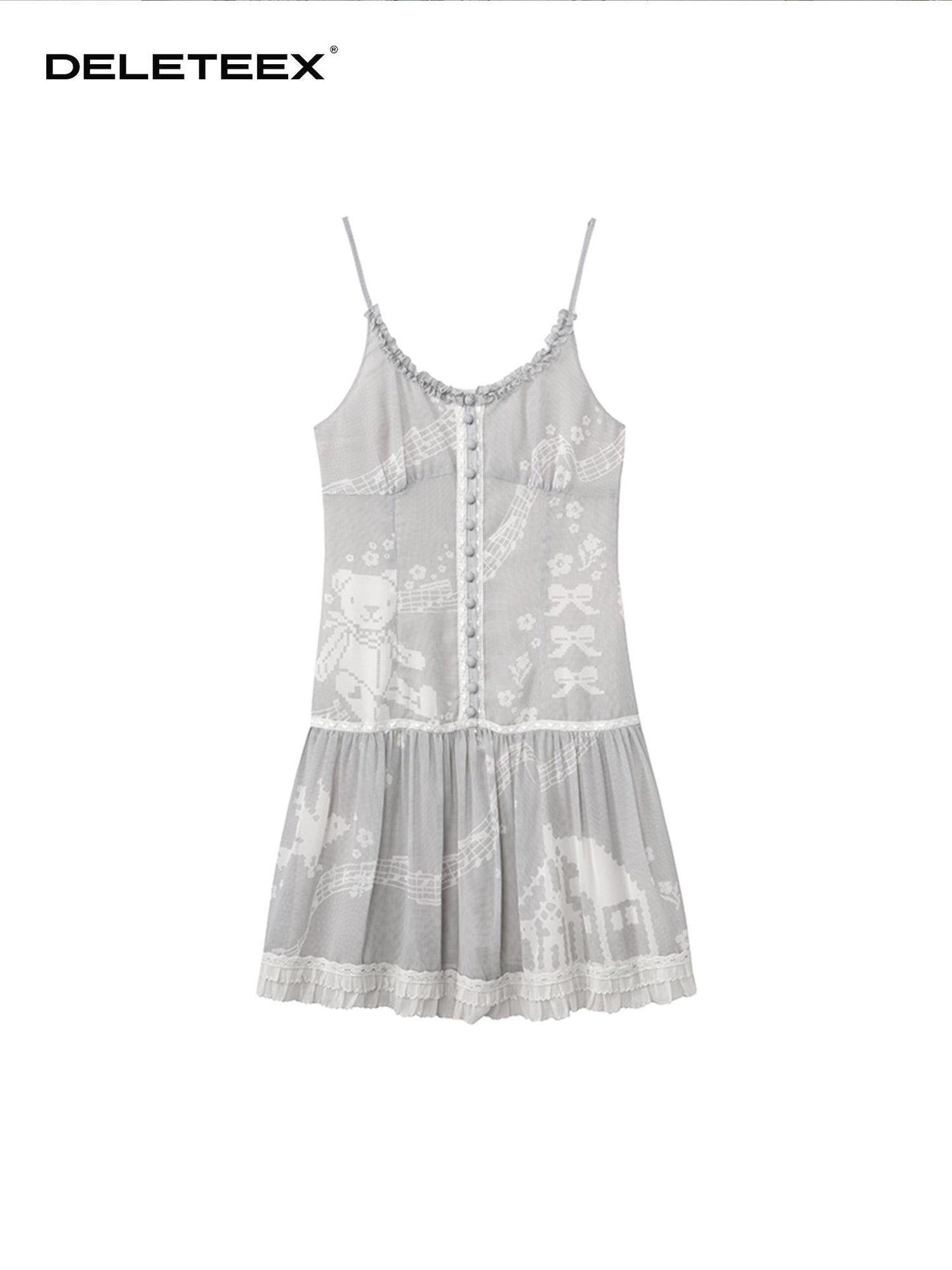 DeleteEx Light Chiffon Floral Insta Spaghetti Strap A Line Women Gray Mini Dresses