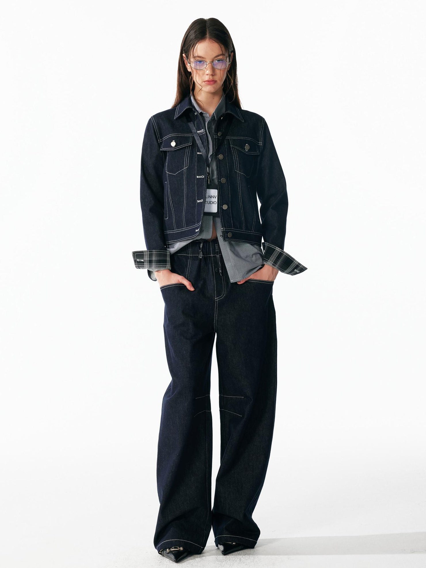 ALINNVSTUDIO Relaxed Fit Cotton Natural Waist Topstitch Deep Indigo Women Wide Leg Jeans