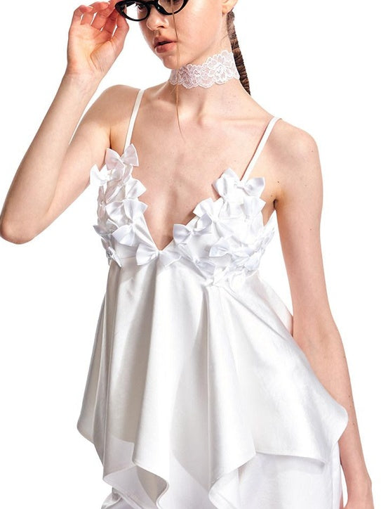 ALINNVSTUDIO Original Design Bow Accent Spaghetti Strap Slim Fit Women Black White Camisoles