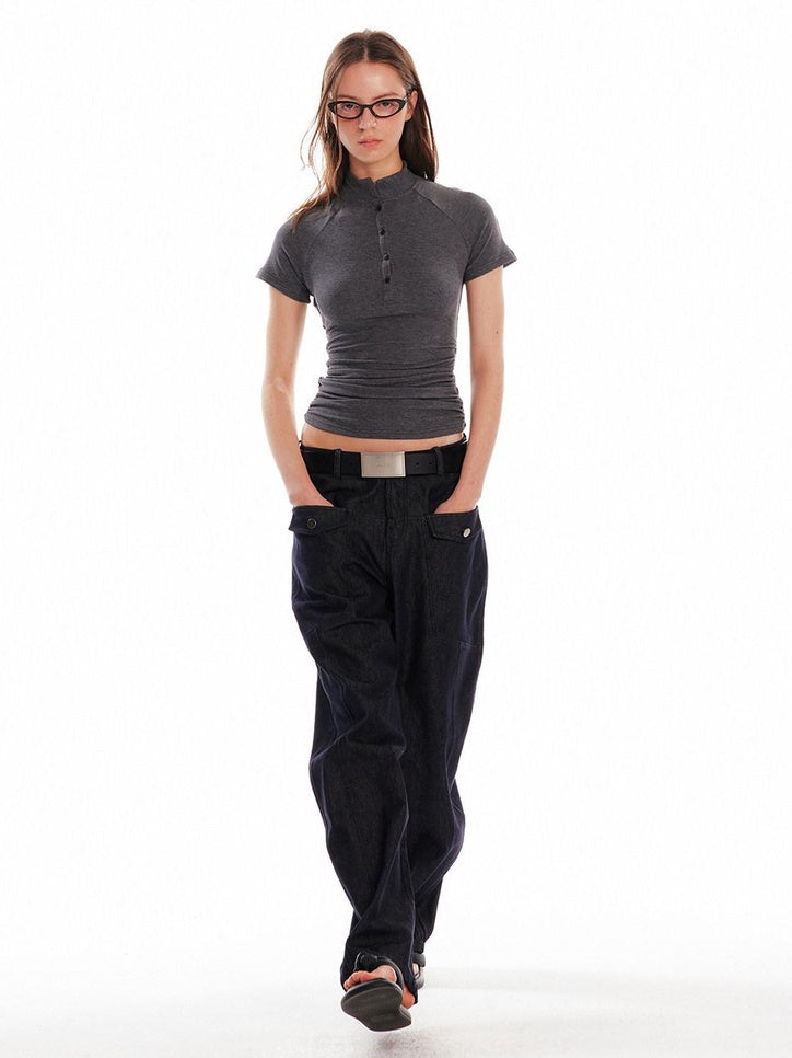ALINNVSTUDIO Creative Patchwork Slim Fit Cropped Crewneck Striped Gray Short Sleeve T-Shirts