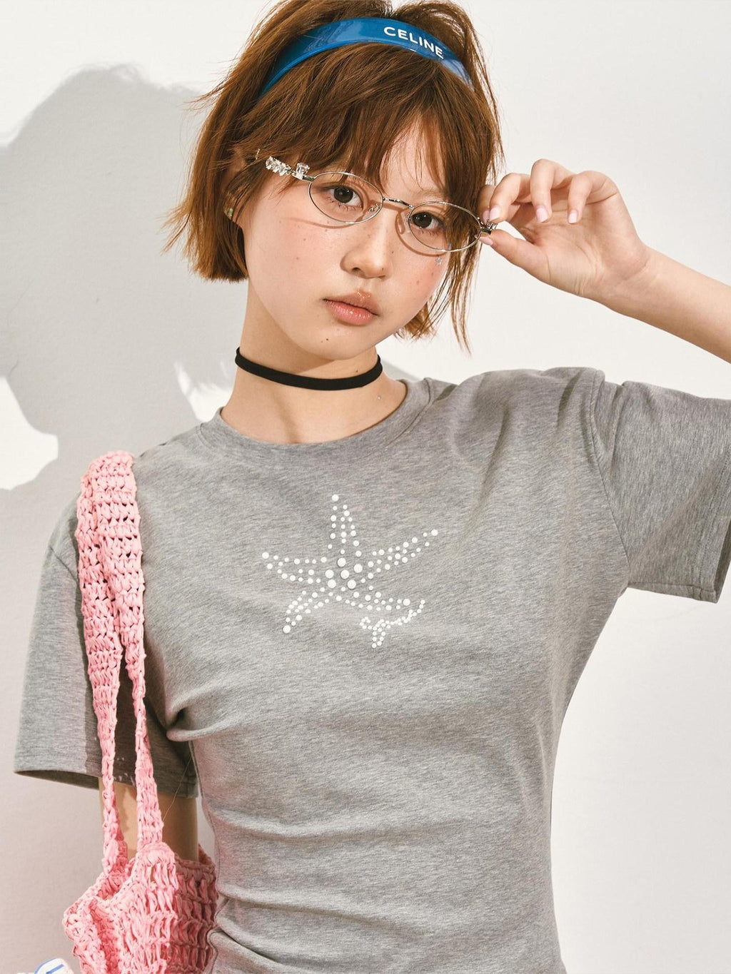SOMESOWE Rhinestone Slim Crew Neck Stretch Viscose Cotton Navy Grey Short Sleeve T-Shirts