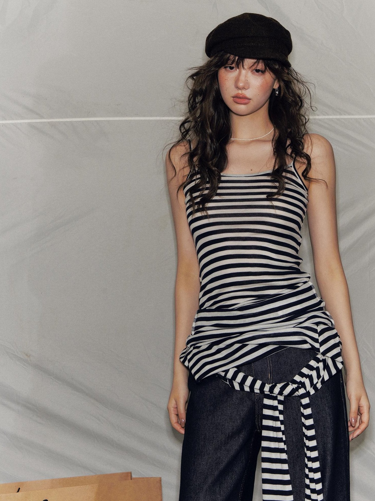 SOMESOWE Lyocell Blend Oversized Commuter Creative Navy Striped Women Long Sleeve T-Shirts
