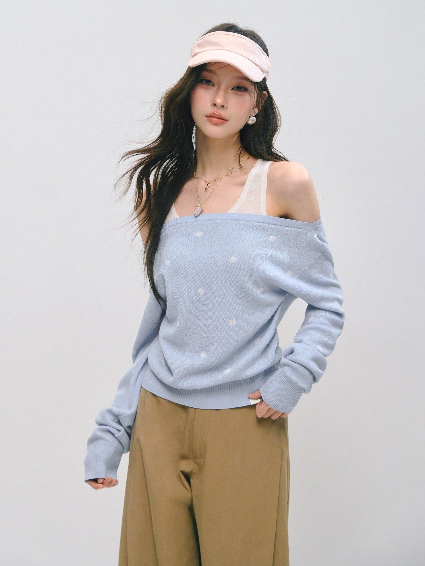 SOMESOWE Faux Layered Colorblock Polka Dot Boat Neck Knit Pullover Sweaters
