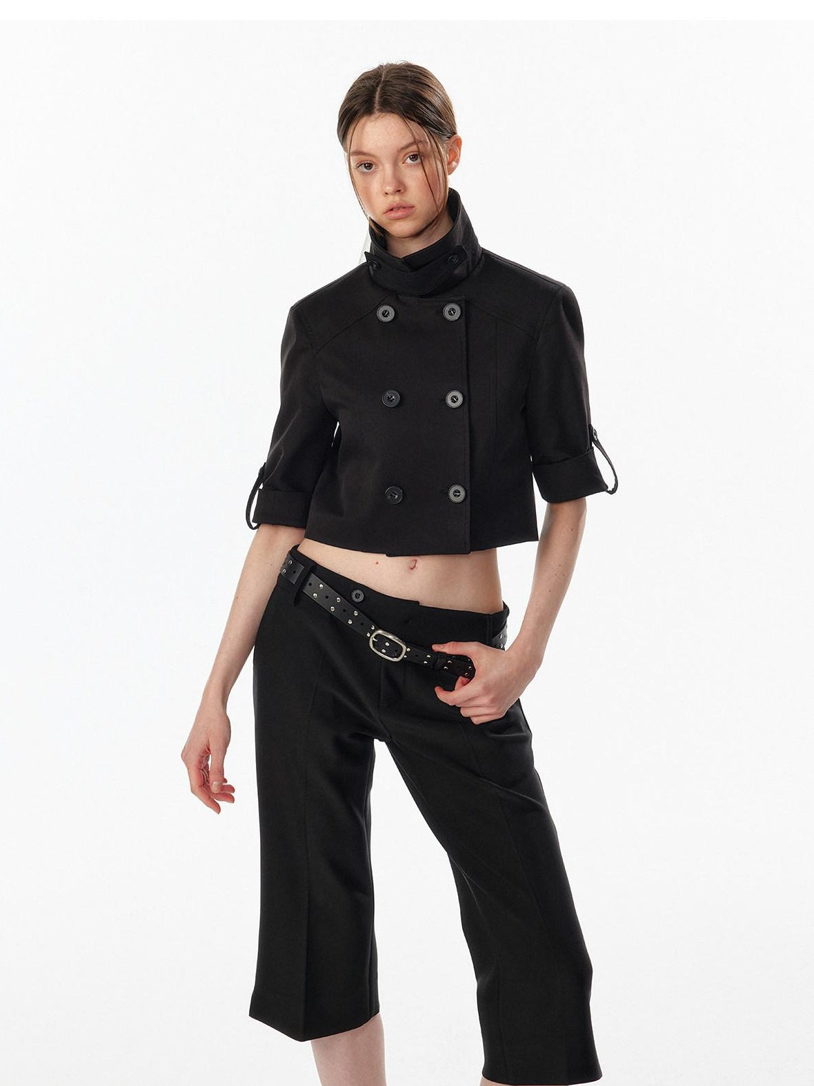 Casual High Waist Double Breasted Cropped Black Cotton Blend Women Trench Coats