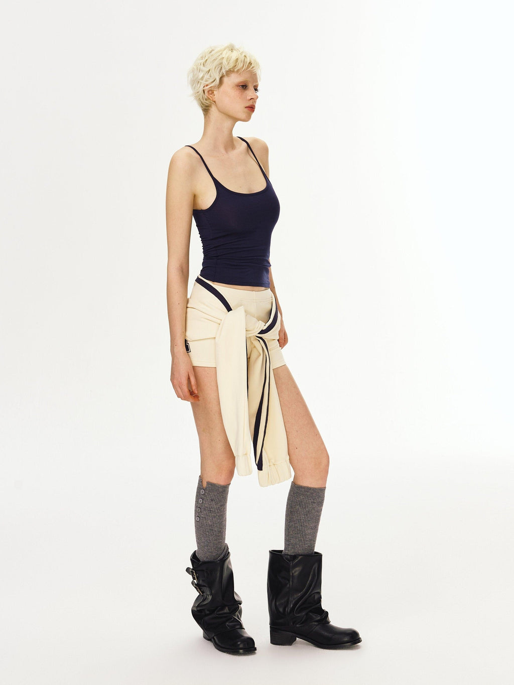 DeleteEx Stretch Knit Slim Natural Waist Cotton Blend Minimalist Beige Navy Mini Shorts