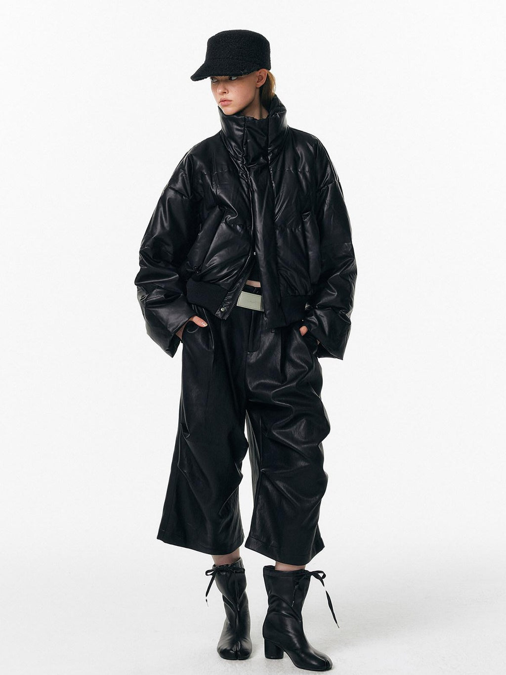 ALINNVSTUDIO Pu Pleated Low Waist Button Fly Irregular Fold Casual Women Black Wide Leg Pants