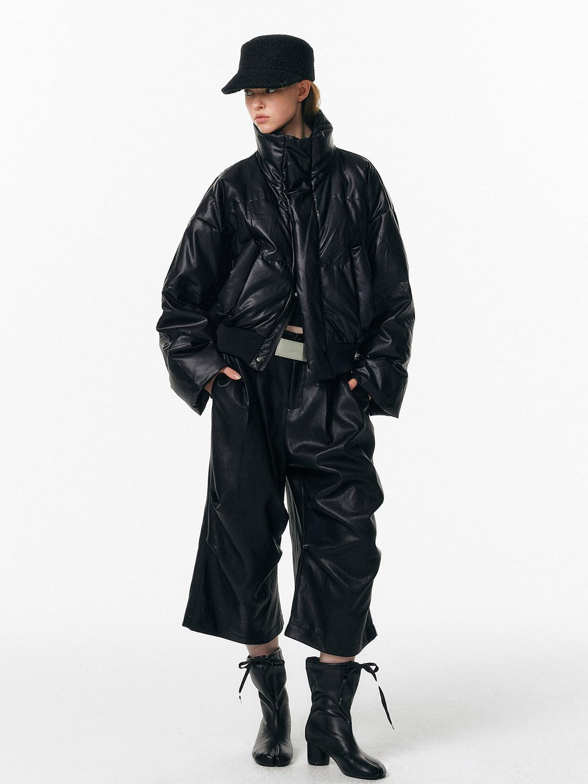 ALINNVSTUDIO Pu Pleated Low Waist Button Fly Irregular Fold Casual Women Black Wide Leg Pants