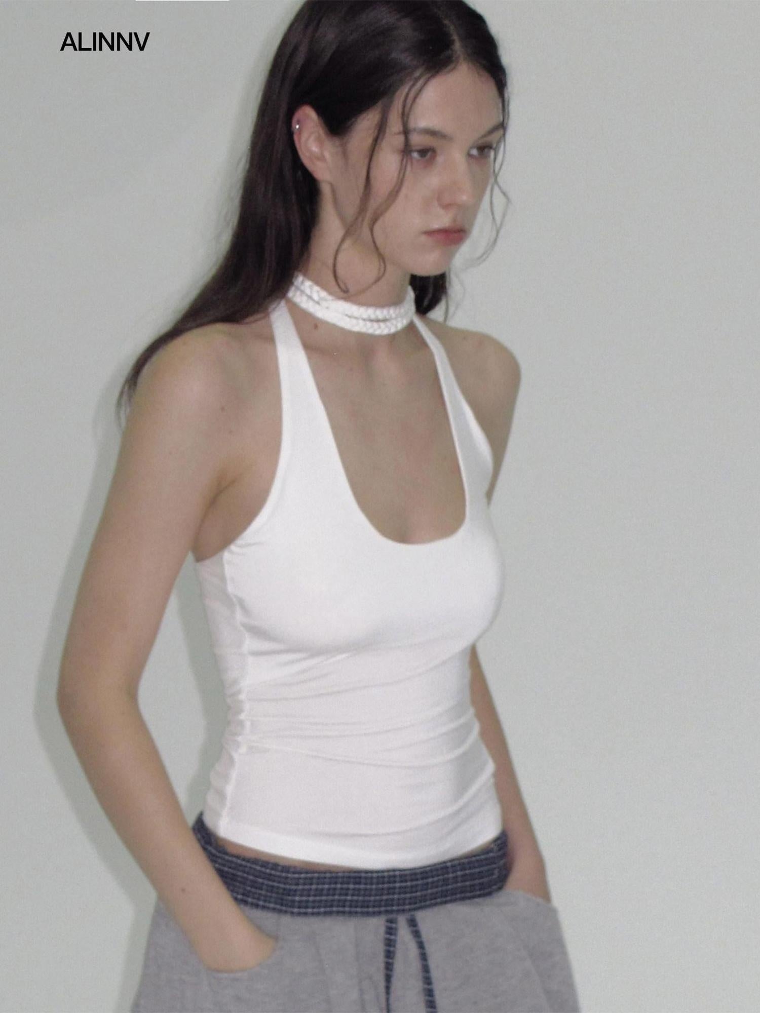 ALINNVSTUDIO Soft Modal Fabric Minimalist Slim Fit U Neck Halter Cropped Women Tank Tops