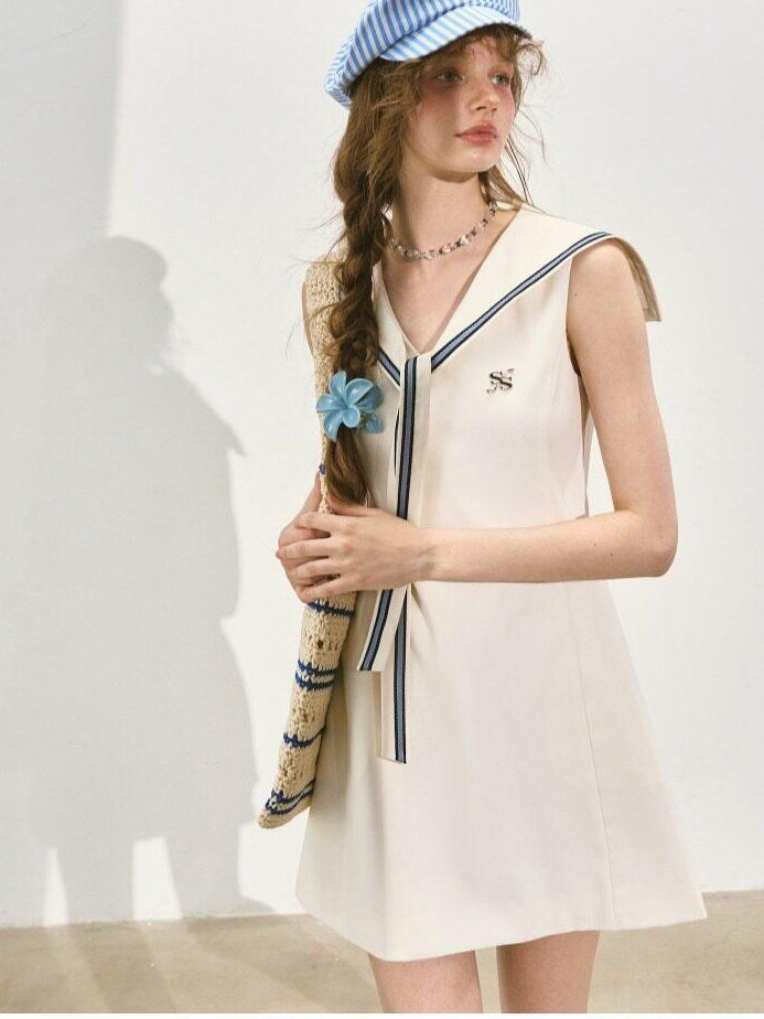 SOMESOWE Chic Sleeveless A Line Preppy Navy Collar Casual Polyester Mini Dresses