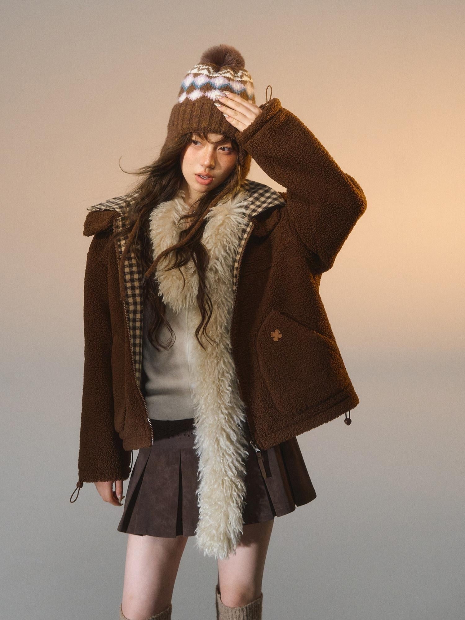 SOMESOWE Reversible Plaid Loose Fit Short Button Women Brown Polyester Jackets