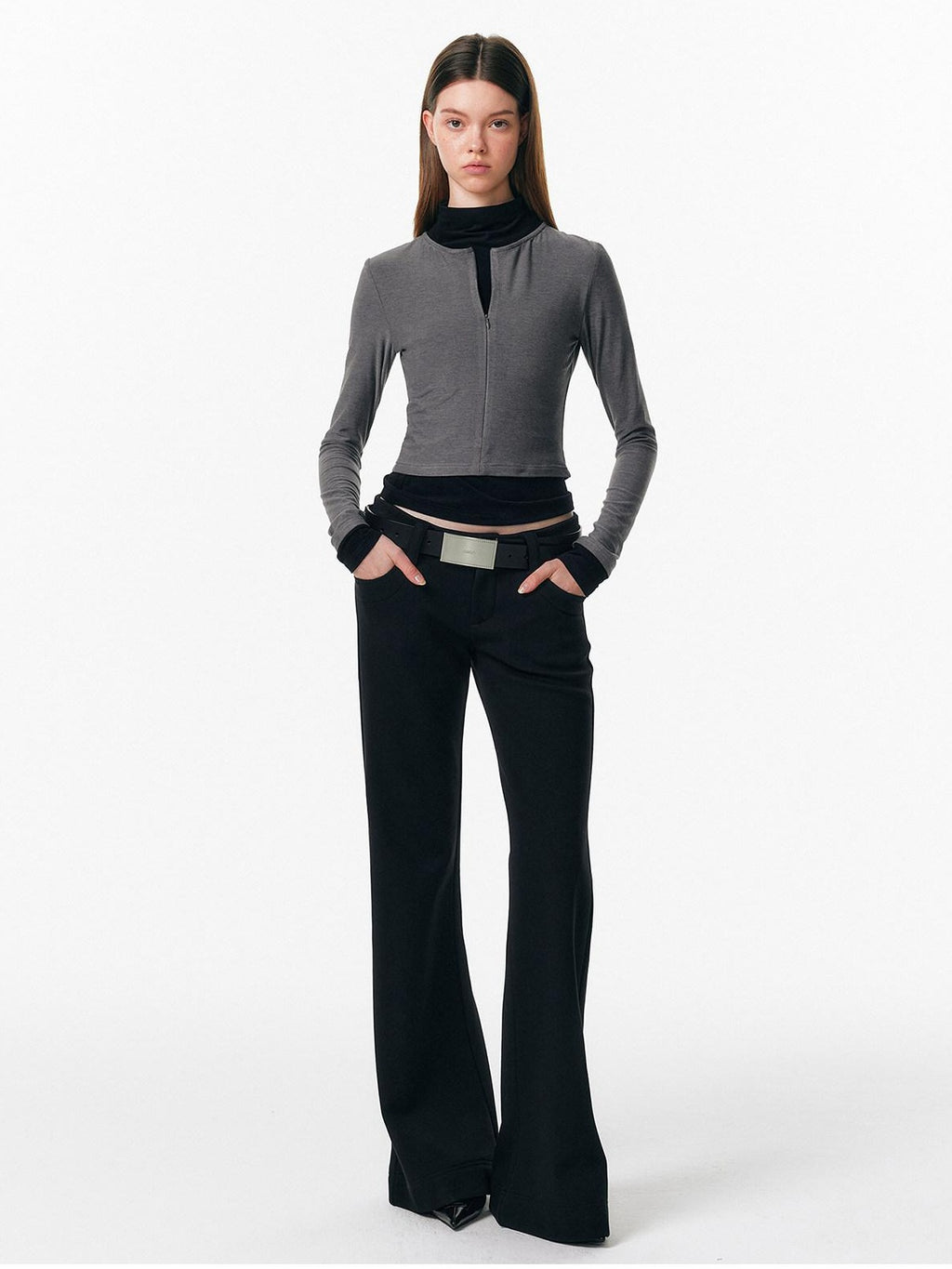 ALINNVSTUDIO Soft Zipper Slim Fit Short Collar Office Ladies Contrast Long Sleeve T-Shirts