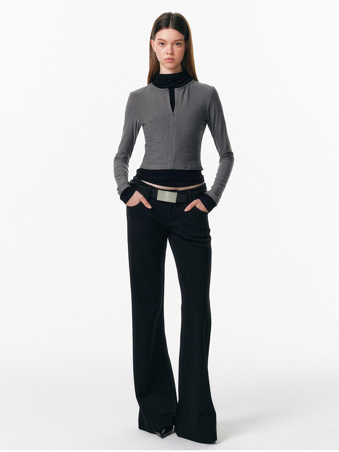 ALINNVSTUDIO Soft Zipper Slim Fit Short Collar Office Ladies Contrast Long Sleeve T-Shirts