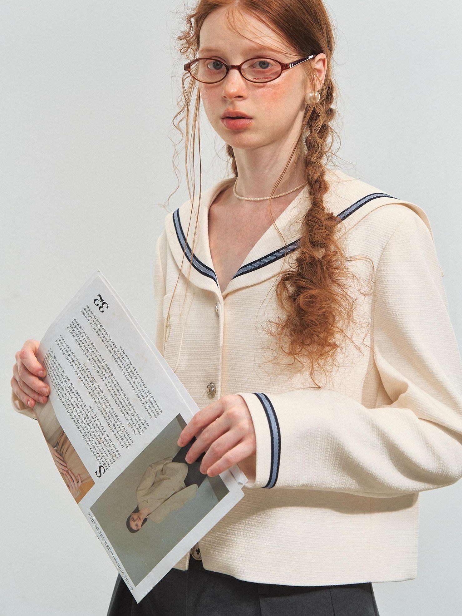 SOMESOWE Shape Retention Navy Inspired Tweed Relaxed Stand Collar Women White Short Coat