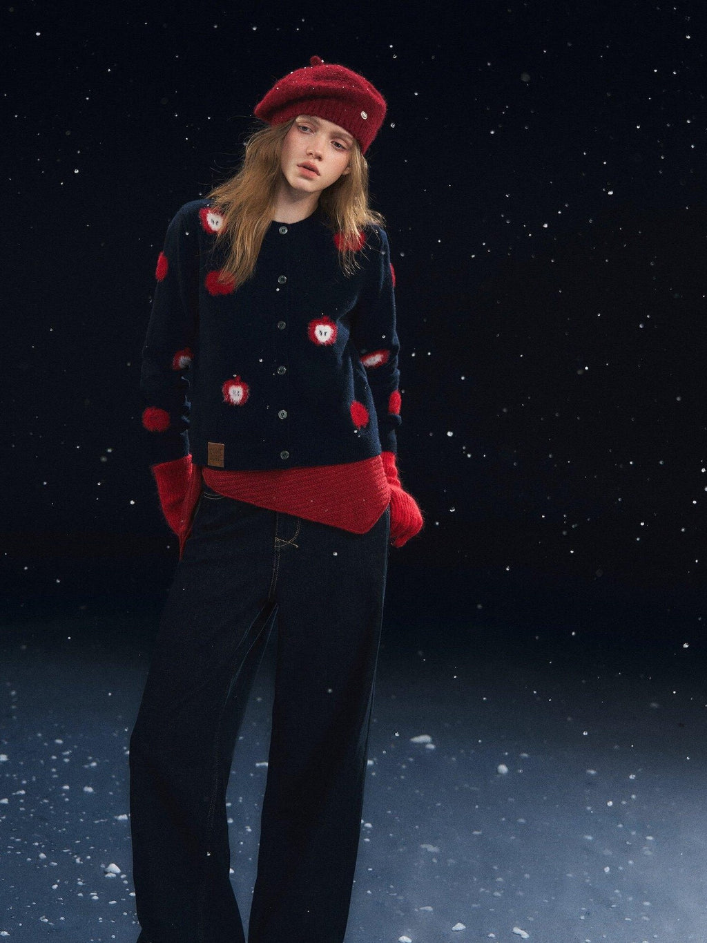 SOMESOWE Embroidered Fruit Casual Lapel Regular Fit Navy Long Sleeve Button Knit Cardigans