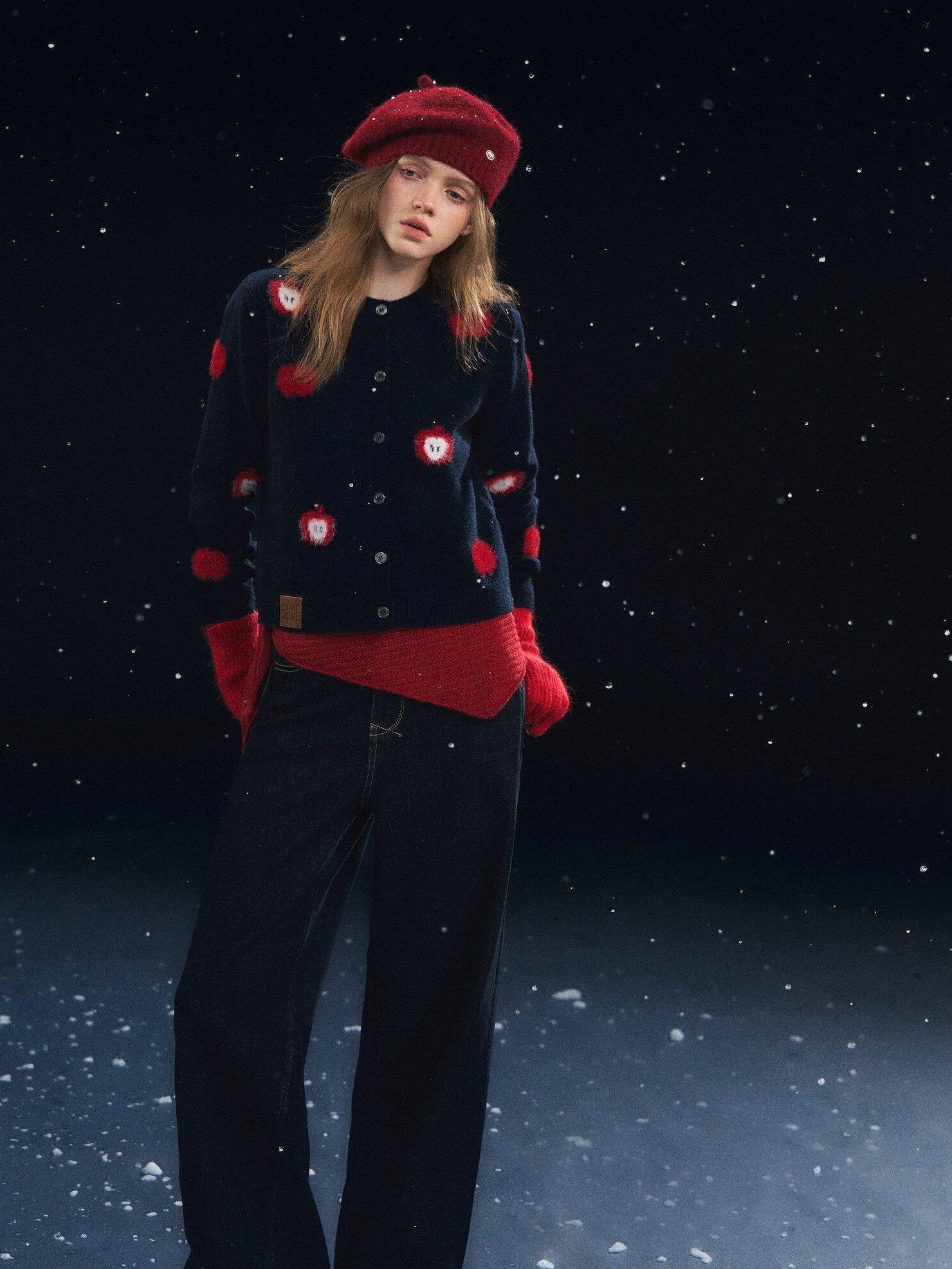 SOMESOWE Embroidered Fruit Casual Lapel Regular Fit Navy Long Sleeve Button Knit Cardigans