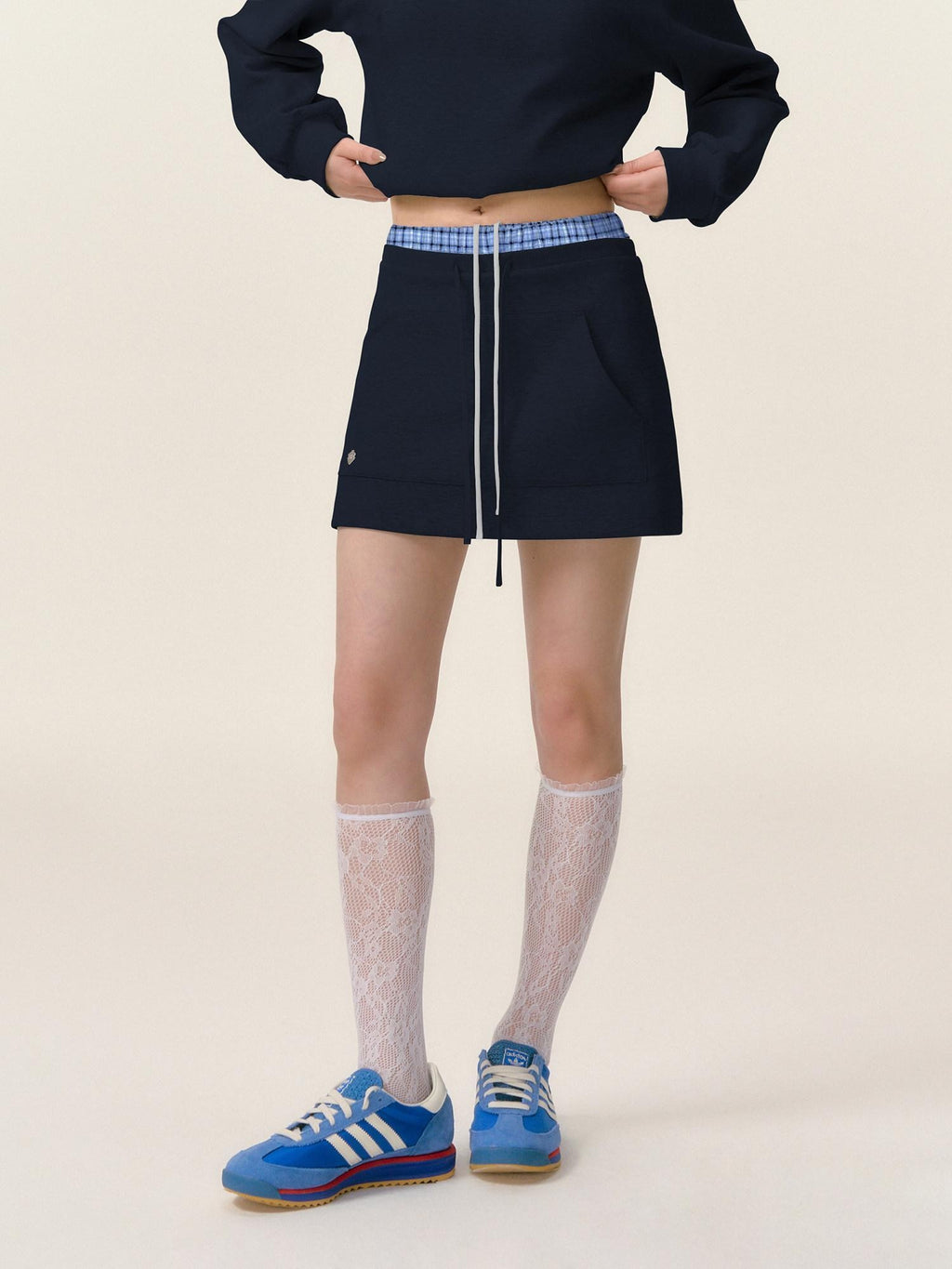 SOMESOWE Cotton Crew Long Sleeve Casual Mini Skirt Women Gray Navy Top & Skirt Sets