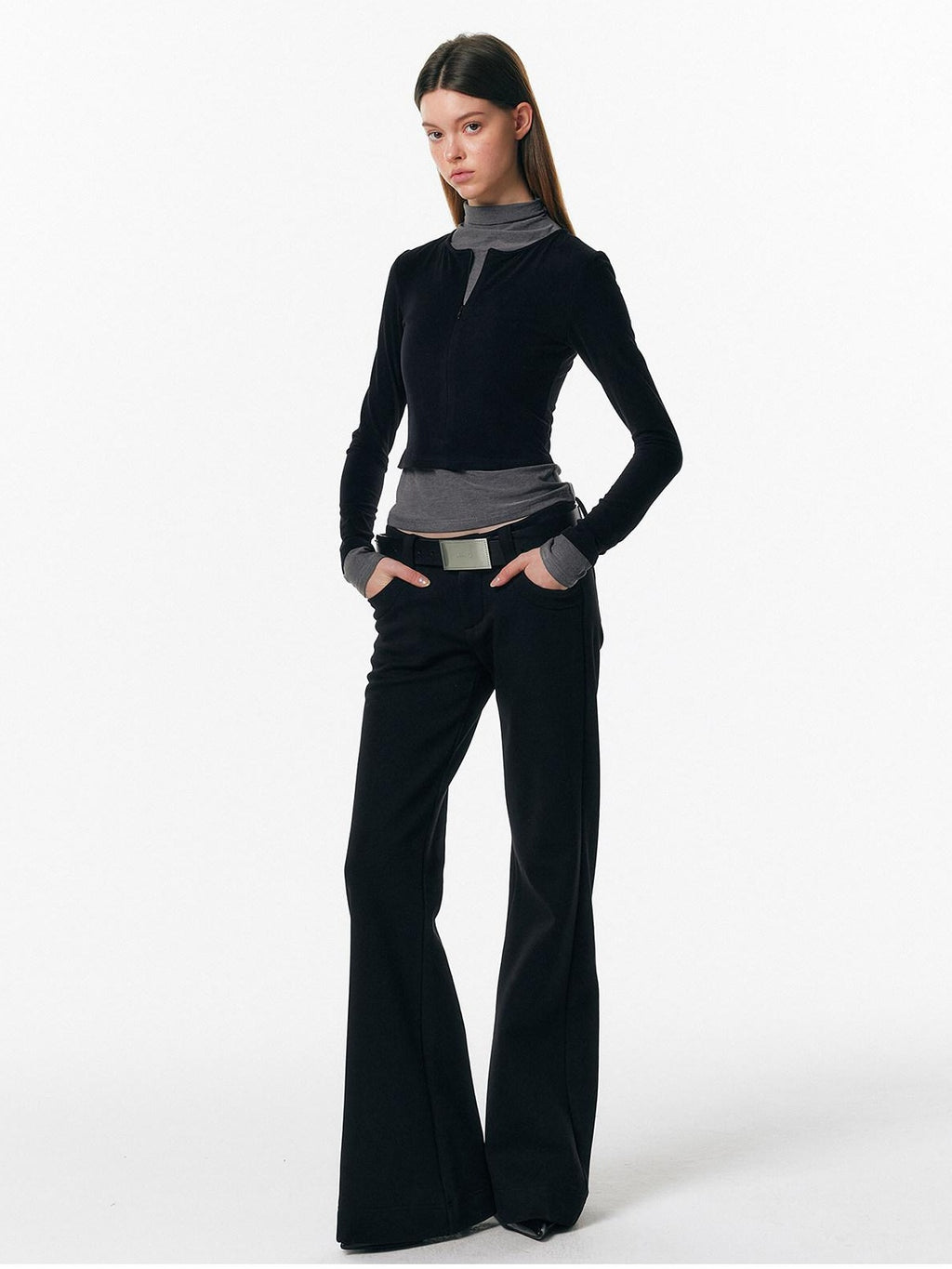 ALINNVSTUDIO Soft Zipper Slim Fit Short Collar Office Ladies Contrast Long Sleeve T-Shirts