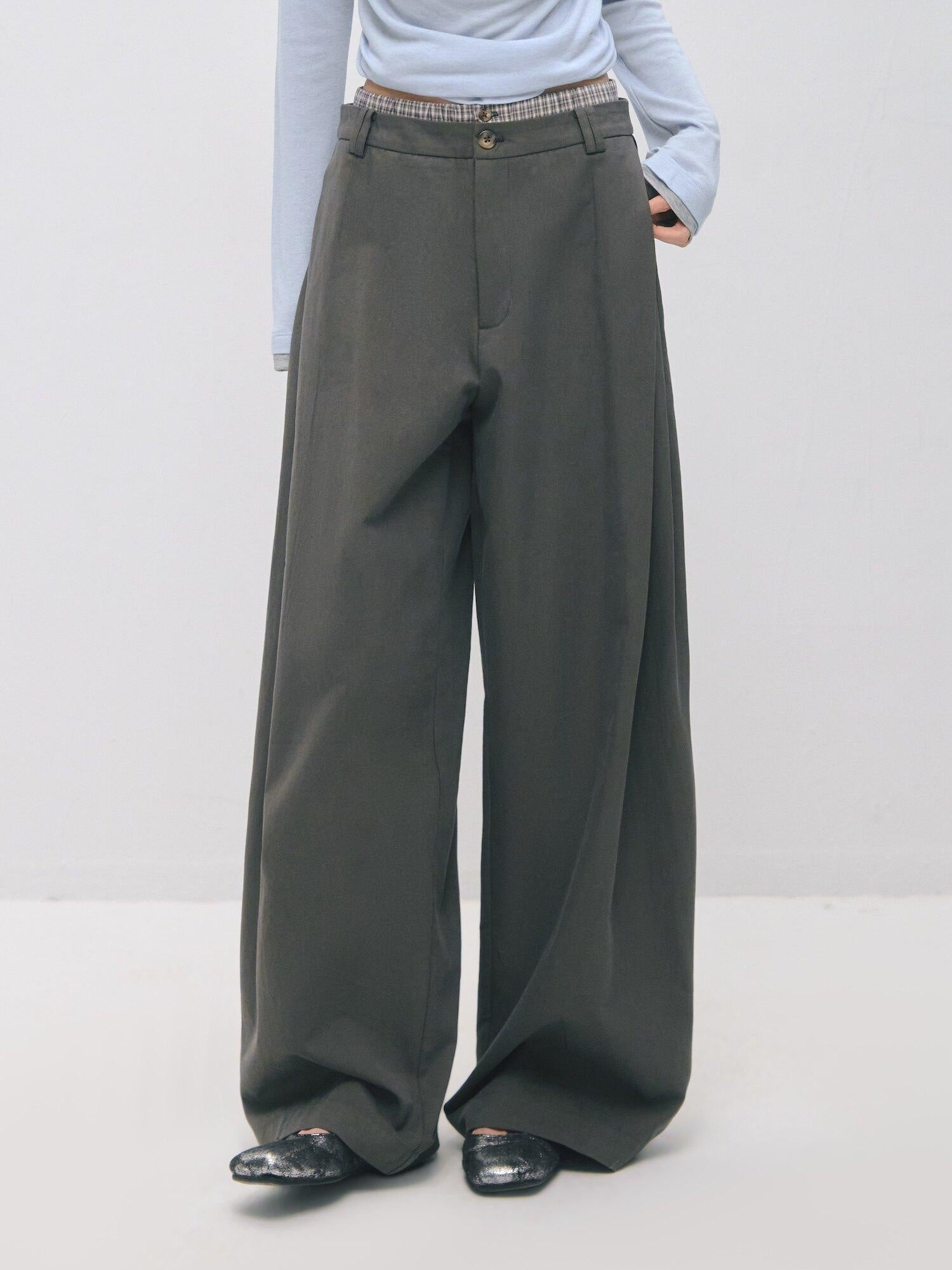SOMESOWE Drawstring Pocket Relaxed Natural Waist Women Solid Khaki Grey Wide Leg Pants