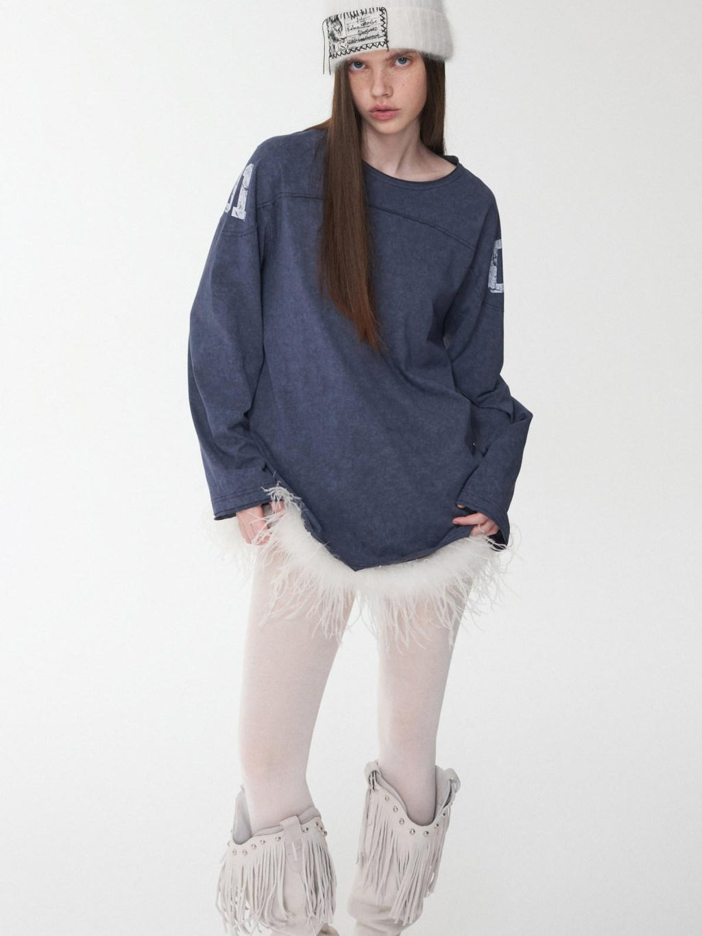 1JINN STUDIO Cotton Blend Printed American Relaxed Long Sleeve Mud Dyed Oversized T-Shirts