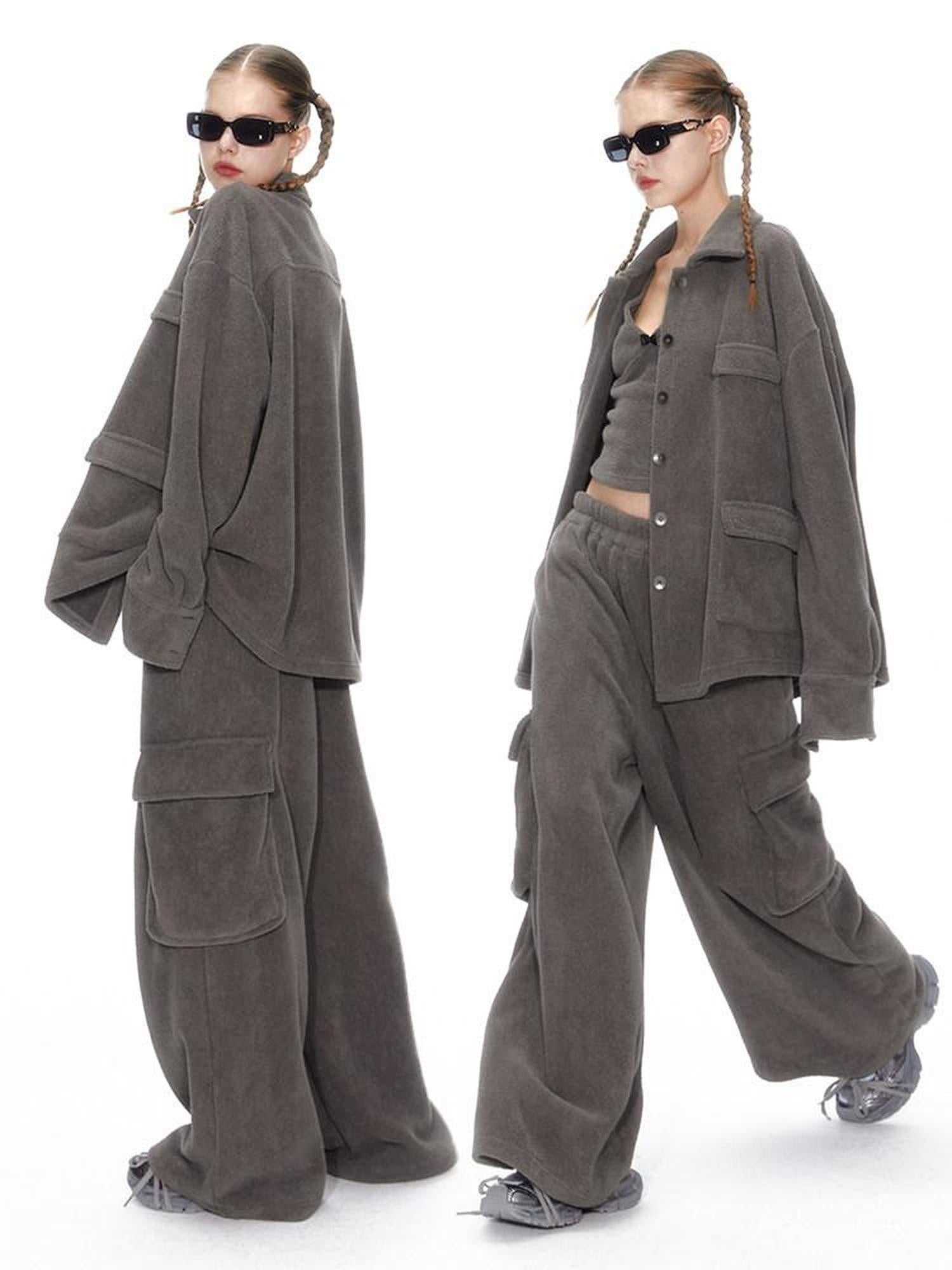 ALINNVSTUDIO Layered Jacket Vest Pants Slim Youth Grey Black Two Tone Top & Pants Sets