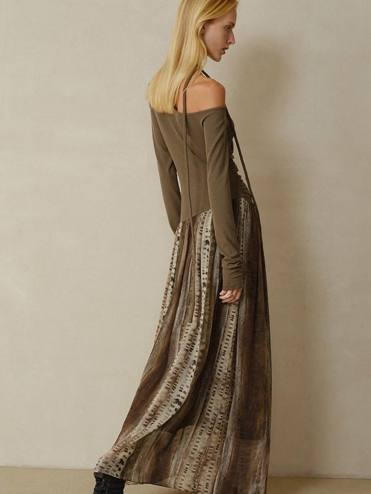 someonesometimes Chiffon Ruched Oil Painting Ombre One Shoulder V-neck A Line Girls Maxi Dresses