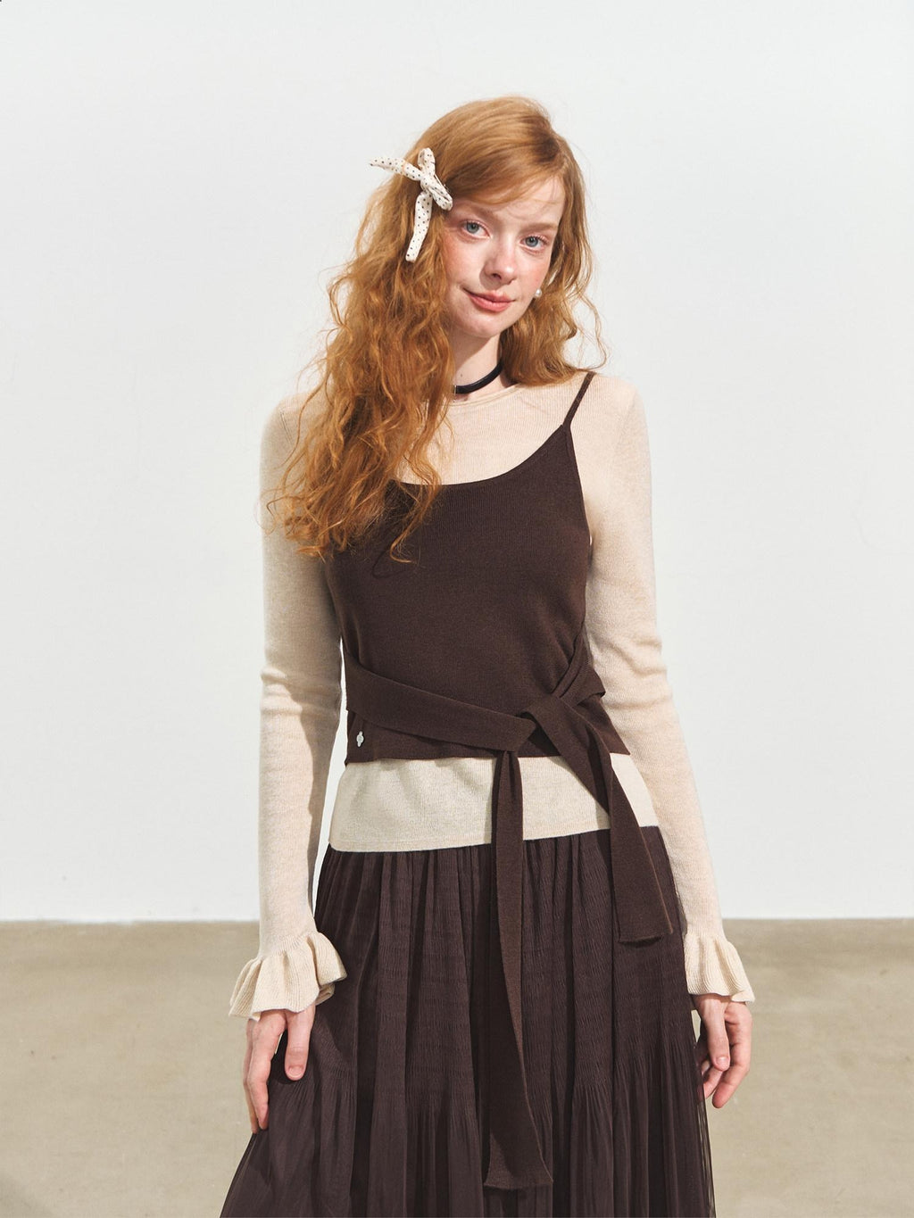 SOMESOWE Soft Casual Colorblock Asymmetrical Tie Faux Layered Womens Knit Sweaters