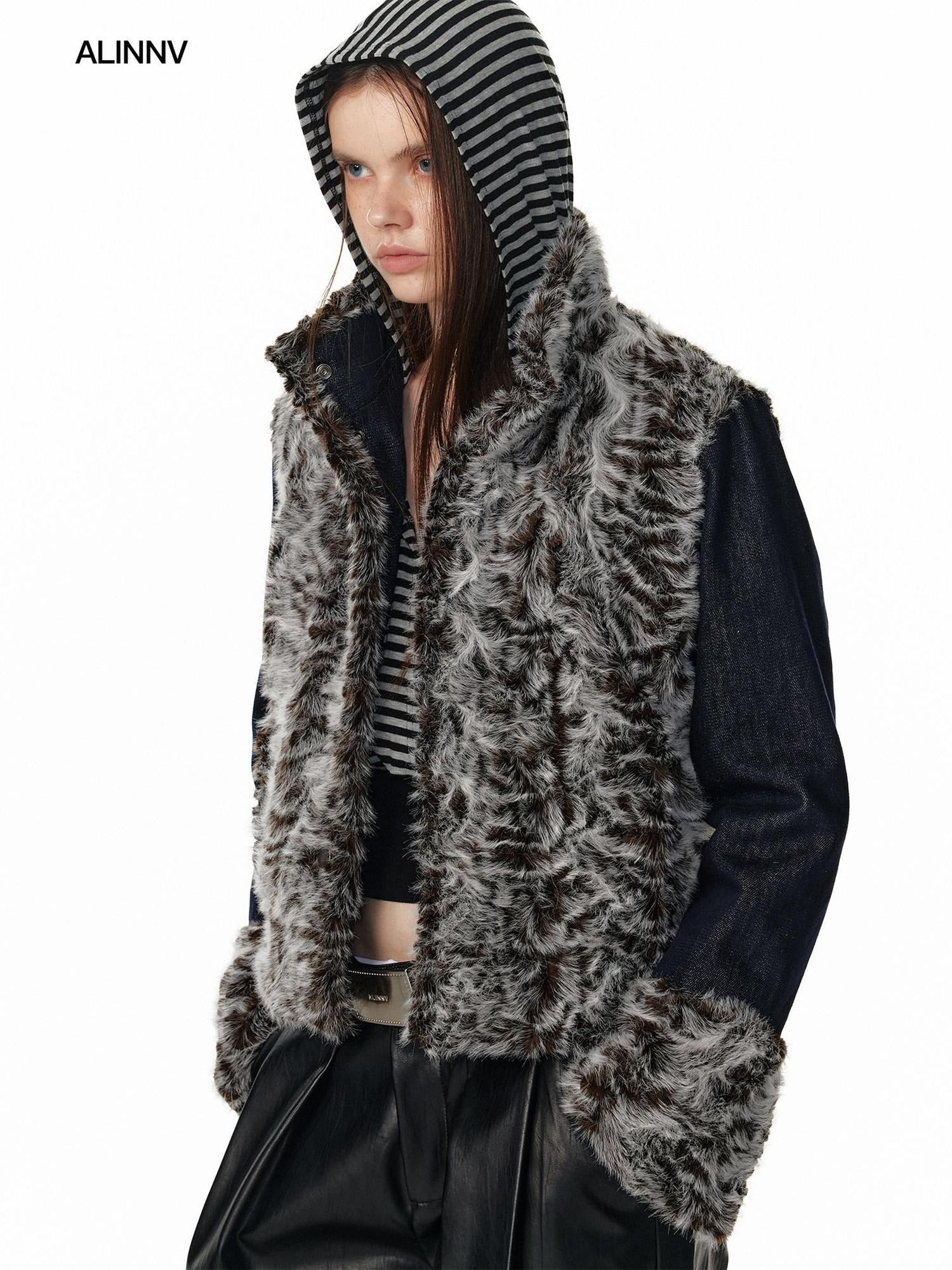 ALINNVSTUDIO Warm Reversible Retro Straight Short Zip Stand Collar Women Leather Jackets