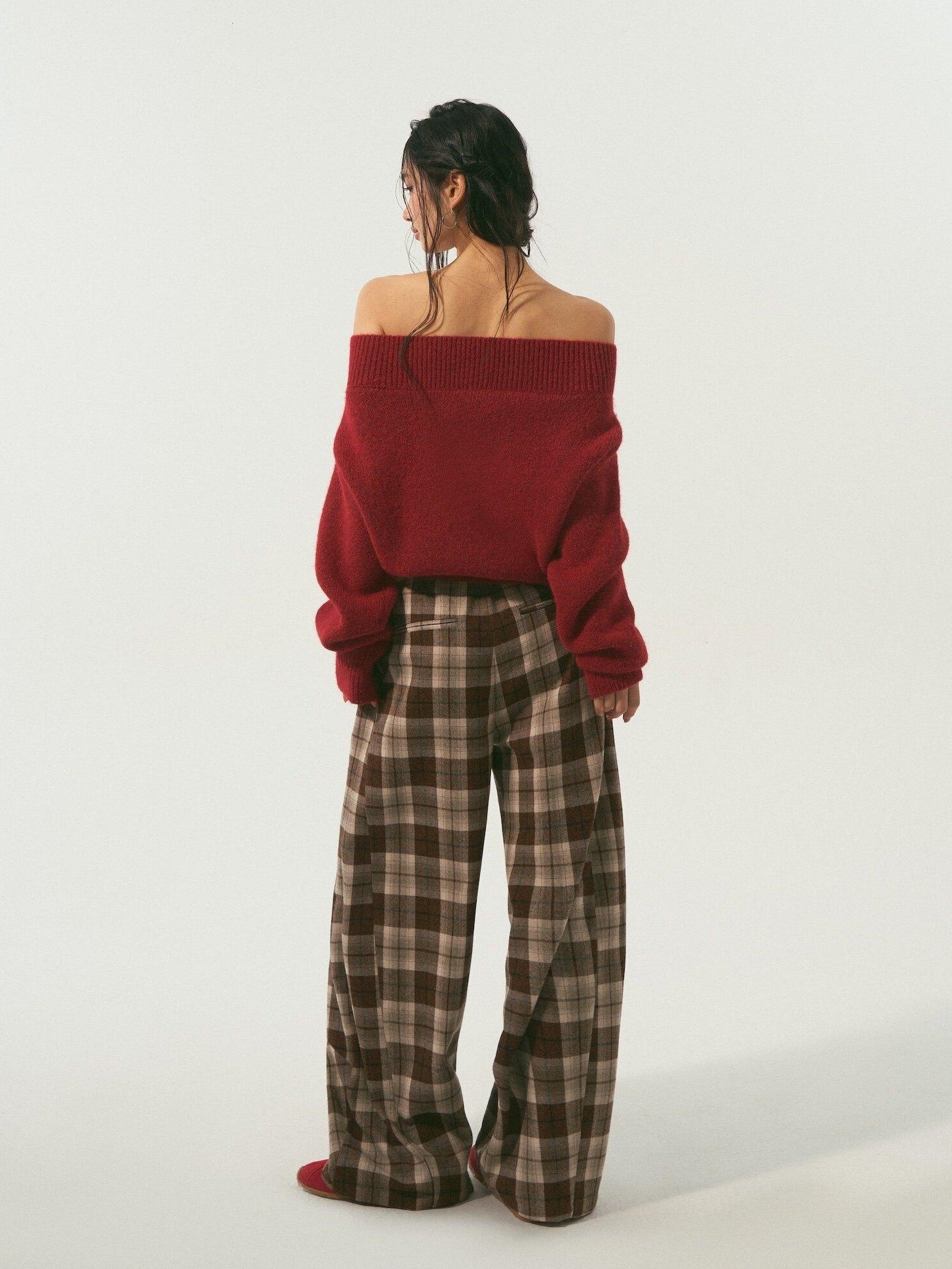 SOMESOWE Original Plaid Pocket Relaxed Curved Natural Waist Women Daily Grey Sweatpants