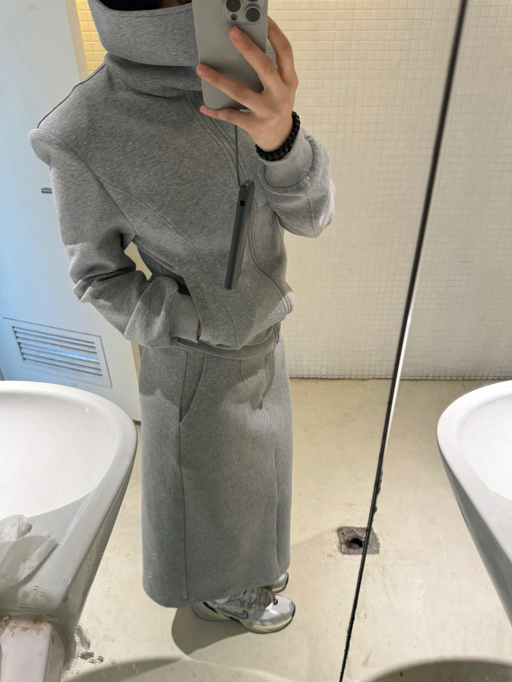 BUZHOU Zip Stand Collar Long Sleeve Stretch Cotton Commuter Grey Women Top & Skirt Sets